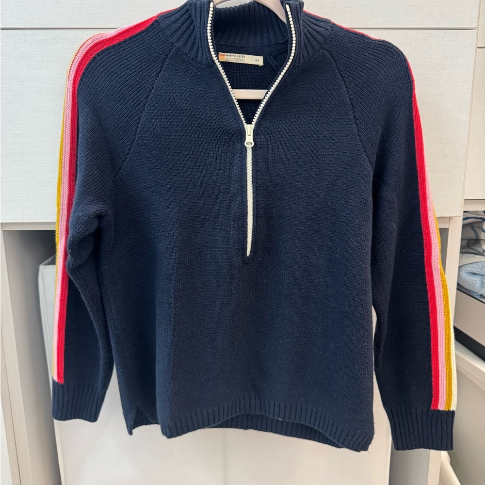 Women’s Marine Layer Navy Quarter Zip Sweater with Multicolor Stripes